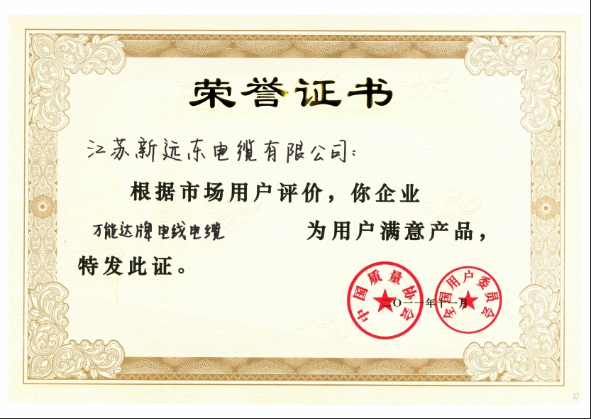 Certificate for Products of Honor with Customer Satisfaction