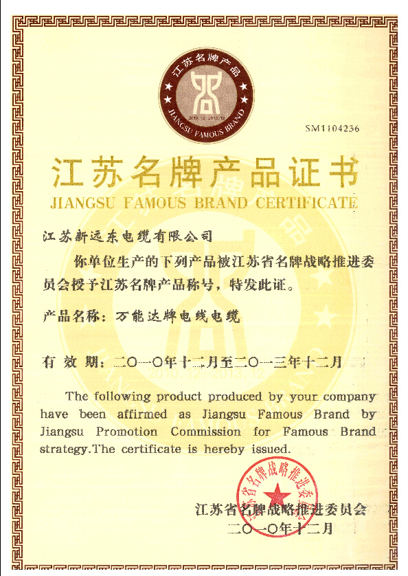Jiangsu Famous Brand Certificate